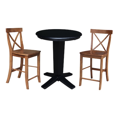 International Concepts 36 in. Solid Wood Round Top Dining Table with 2 Counter Height Stools in Black/Distressed Oak K46-30RT-23-S4261322